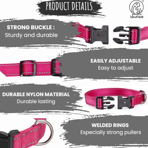 Image of PAWPRO HANDMADE Nylon Reflective Dog Collar With Customizable Bone-Shaped Tag Adjustable For Safety And Comfort, Fits 35-50 Cm Neck Black (Pink, Medium)