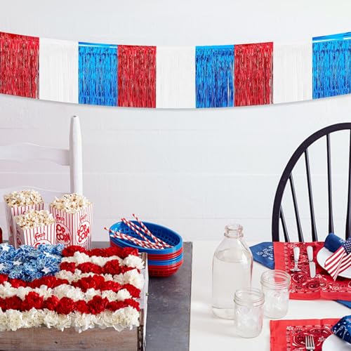 Image of 4th of July Decorations 5 Pack 10 Feet 4th of July Foil Fringe Garland Tinsel Streamers Patriotic Parade Float Fringe Star Hanging Backdrop Banner Table Skirts for Memorial Day Independence Day