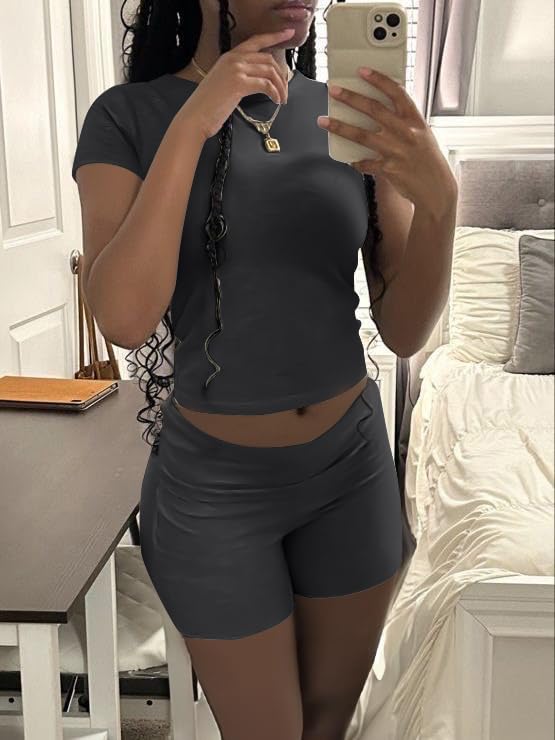Image of AYWA Women's Two Piece Sets Summer Slim Fitted Short Sleeve Tops Foldover Shorts Matching Lounge Sets