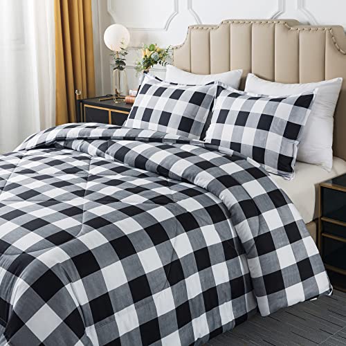 Image of Caressma Plaid Comforter Set Twin, Black White Checkered Boys Bedding Set | Classic Buffalo Gingham Print Soft Microfiber Comforter Bedset for Boys with Pillowcase
