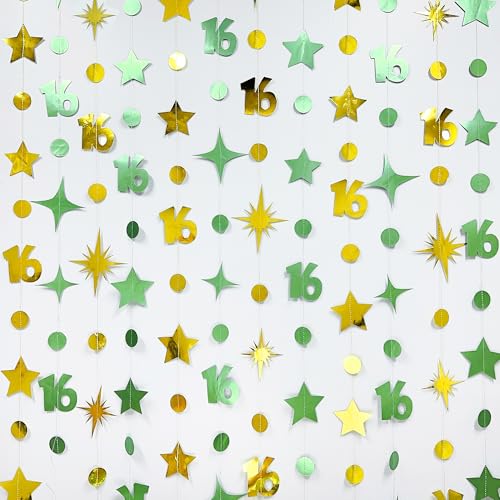 Image of Sage Green Gold Number 16 Circle Dot Twinkle Star Garland Streamer Bunting Banner Backdrop Decorations for Girls Happy 16th Birthday Sweet Sixteen 16th Anniversary Cheers to 16 Years Party Decor