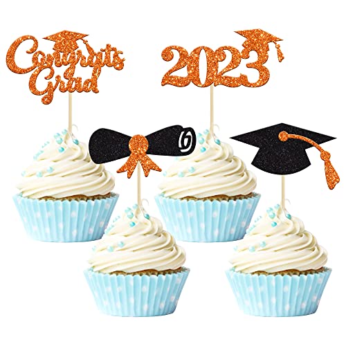 Gyufise 24Pcs Orange Glitter Congrats Grad 2023 Graduation Cupcake Toppers 2023 Diploma Cap Cupcake Picks Class Of 2023 Cake Decorations For 2023 Graduation Theme Party Cake Supplies #TOP7