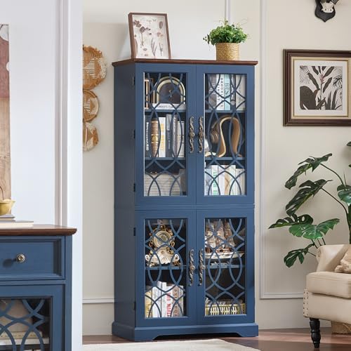 Image of Joaxswe 67 inch Tall Pantry Cabinet, Wood Kitchen Pantries Cabinets with Glass Doors & Adjustable Shelves, Freestanding Vintage Cupboard with Large Storage for Dining Room, Bathroom, Navy Blue