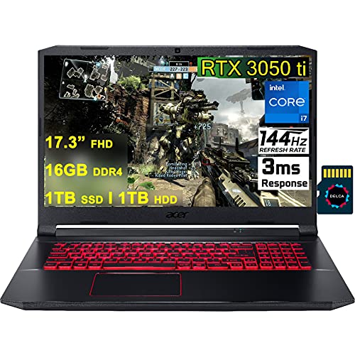 Acer Nitro 5 Premium Gaming Laptop I 17.3†FHD IPS 144Hz 3ms I 11th Gen Intel 8-Core i7-11800H I 16GB DDR4 1TB SSD + 1TB HDD I GeForce RTX 3050Ti 4GB I Backlit USB-C Win10 Black + 32GB MicroSD Card