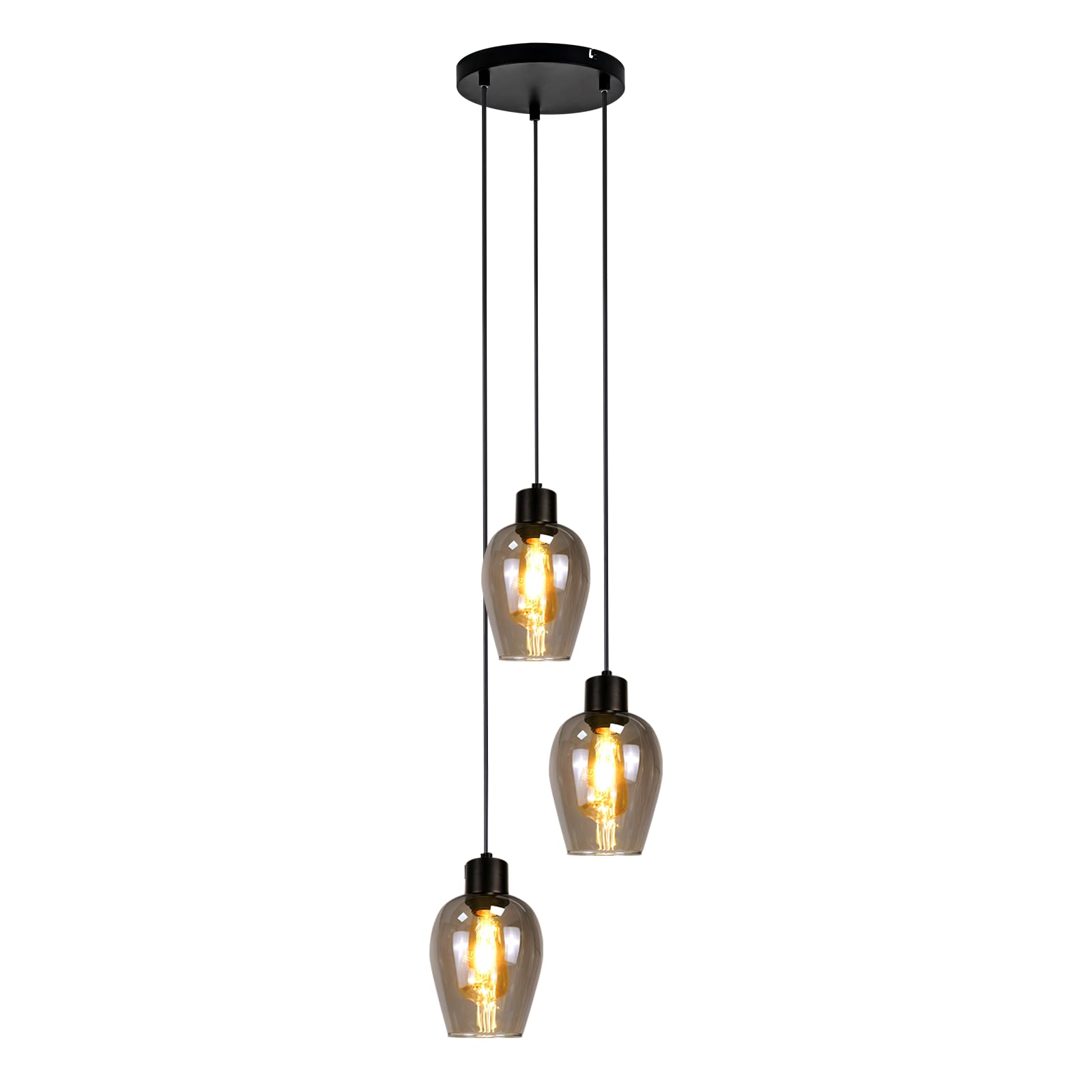 Lámpara Colgante Industrial de 3 luces Lámpara E27 de techo | colgante retro cristal ahumado para comedor dormitorio sala de estar (bombilla no incluida)