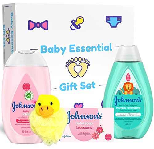 Image of Johnson's Baby Essentials Gift Set, 4 Piece Newborn Baby Essentials Set Includes Baby Shampoo, Baby Lotion, Baby Soap, Pink Poof, for Baby Shower, Baby Bath Time & Skin Care