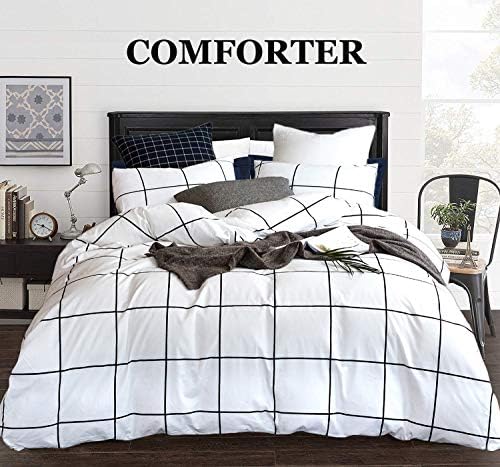 CLOTHKNOW White Plaid Comforter Sets Queen White Bedding Comforter Set Full White Black Grid Comforter Queen Men Women Comforter Distressed Comforter Geometric Checker Bed Bedding Comforter Sets