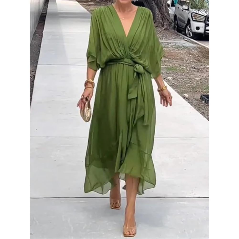Generisch Keepholdon Elegante y elegante vestido largo con cuello en V, vestido de playa de gasa para mujer, de cintura alta
