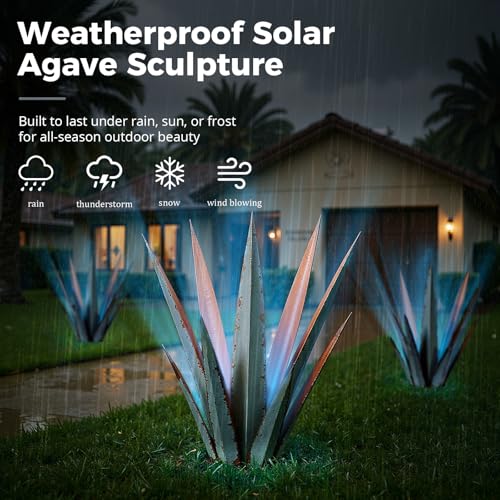 Image of KODIBO 24 inch Metal Agave Plant Outdoor Decor with Solar Light, Vintage Blue