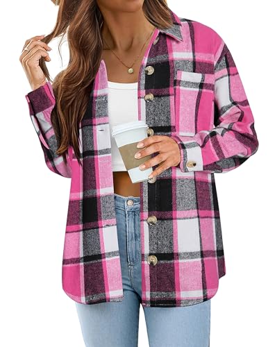 Zeagoo Chaqueta de camisa para mujer a cuadros, blusa de manga larga con botones, blusa de franela con bolsillo, blusa informal de cuadros para otoño e invierno, camisa occidental S-XXL, Rosa., L