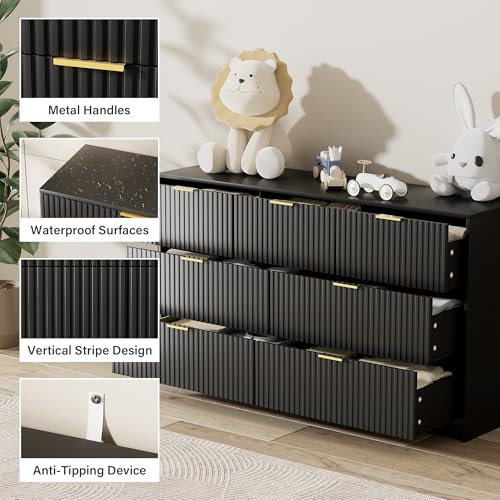 Image of Furniway Black Dresser for Bedroom, Modern Dresser with 7 Drawers and Smooth Slides, Wide Chest of Drawers with Golden Handles for Bedroom, Living Room, Closet, 15.7 inch D x 55.1 inch W x 31.4 inch H