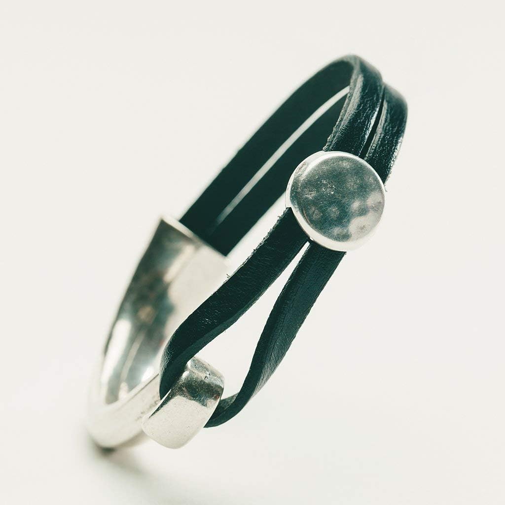 Designed By Stacey Handmade Genuine Black Leather Cuff, Unique Stackable Bangle Bracelet, Hammered Silvertone Metal Jewelry, Gifts for Women, Birthday, Anniversary, Mother's Day