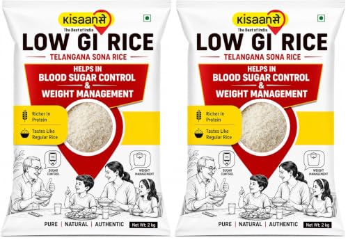 Image of KisaanSay Telangana Low GI Sona Rice 2KG | Diabetic Friendly | Low GI | Unpolished | High in Fiber & Nutrients | Traditionally Milled | Blood Sugar Friendly | Lab Certified Low GI Rice | Lightweight & Non-Sticky