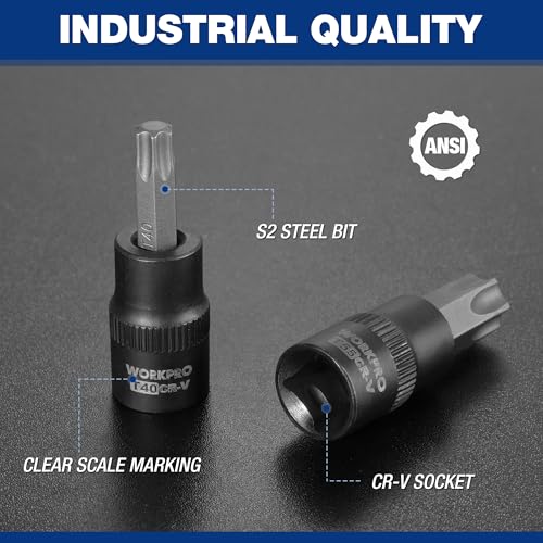Image of WORKPRO 60-piece Master Torx Bit Set,CR-V Torx Sockets & E Socket Set | 1 /4 inch, 3 /8 inch, 1 /2 inch Drive Bits, E4-E24 e Socket Set, T6-T70 TT6-TT70, TP8-TP60 Torx Socket Set, S2 Steel Bits, CR-V Sockets