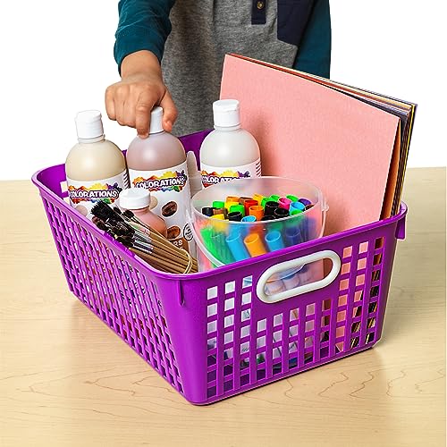 Image of Really Good Stuff Large Plastic Storage Baskets with Handles | 13.75 inch x 9.75 inch x 5 inch, Rainbow Group Colors, Book & Supply Organization for Classrooms & Home