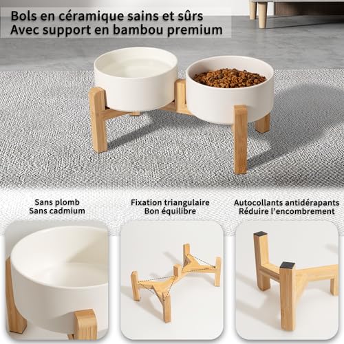 Gamelle pour Chien Surélevée Ceramique - Double Gamelle Chien Surelevee avec Support en Bambou - Set de Bol Chein pour Nourriture et Eau - Gamelles pour Chiens de Petite et Moyenne Taille - 2 x 850 ml – Image 4
