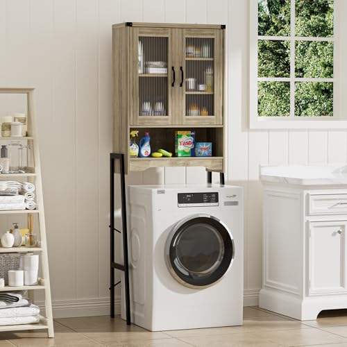 BonVache Meuble Machine à Laver, Rangement Visuel, Shelf réglable et Support métallique Hauteur Ajustable, Meuble WC Adapté pour la buanderie et la Salle...