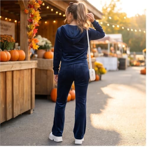 SamLng Workout Sets For Women Women'S Clothing Womens Two Piece Womens 2 Piece Workout Set Velvet Tracksuit Long Sleeve Zipper Hoodie And Velour Sweatpants Jogging Lounge Suit Matching (Navy,S) - 4