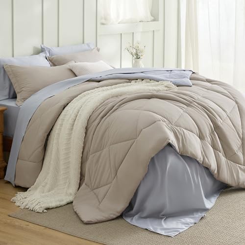 Image of Bedsure King Size Comforter Set - 7 Pieces Reversible Beige Bedding, King Size Bed Set for All Seasons, Bed in a Bag with Down Alternative Comforter, Sheets, Pillowcases & Shams