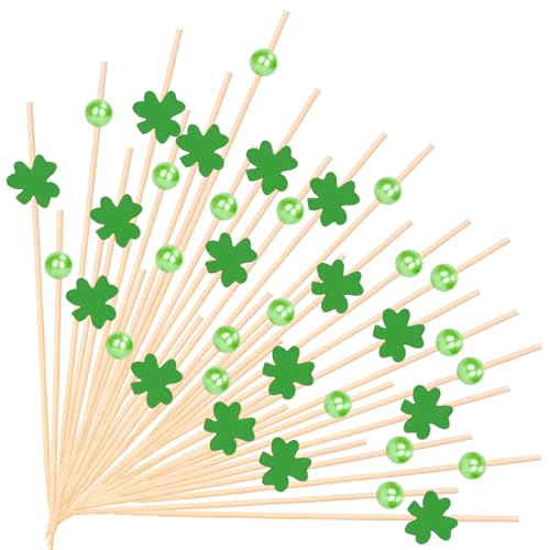 FYSUIMU 200Pcs St. Patrick's Day Cocktail Picks Green Shamrock and Bead Handmade Toothpicks Decorative Garnish Sticks for Irish Holiday Birthday Party Decor