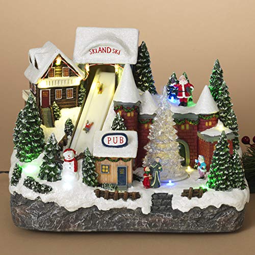 Animated Musical Christmas Ski Village with Lights and Rotating Tree - Animated Holiday Decoration