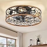 LEDIARY Caged Ceiling Fans with Lights, Farmhouse Flush Mount Ceiling Fan with Remote, Black&Walnut Low Profile Ceiling Fan Light Fixture for Bedroom, Kitchen, Dining Room.