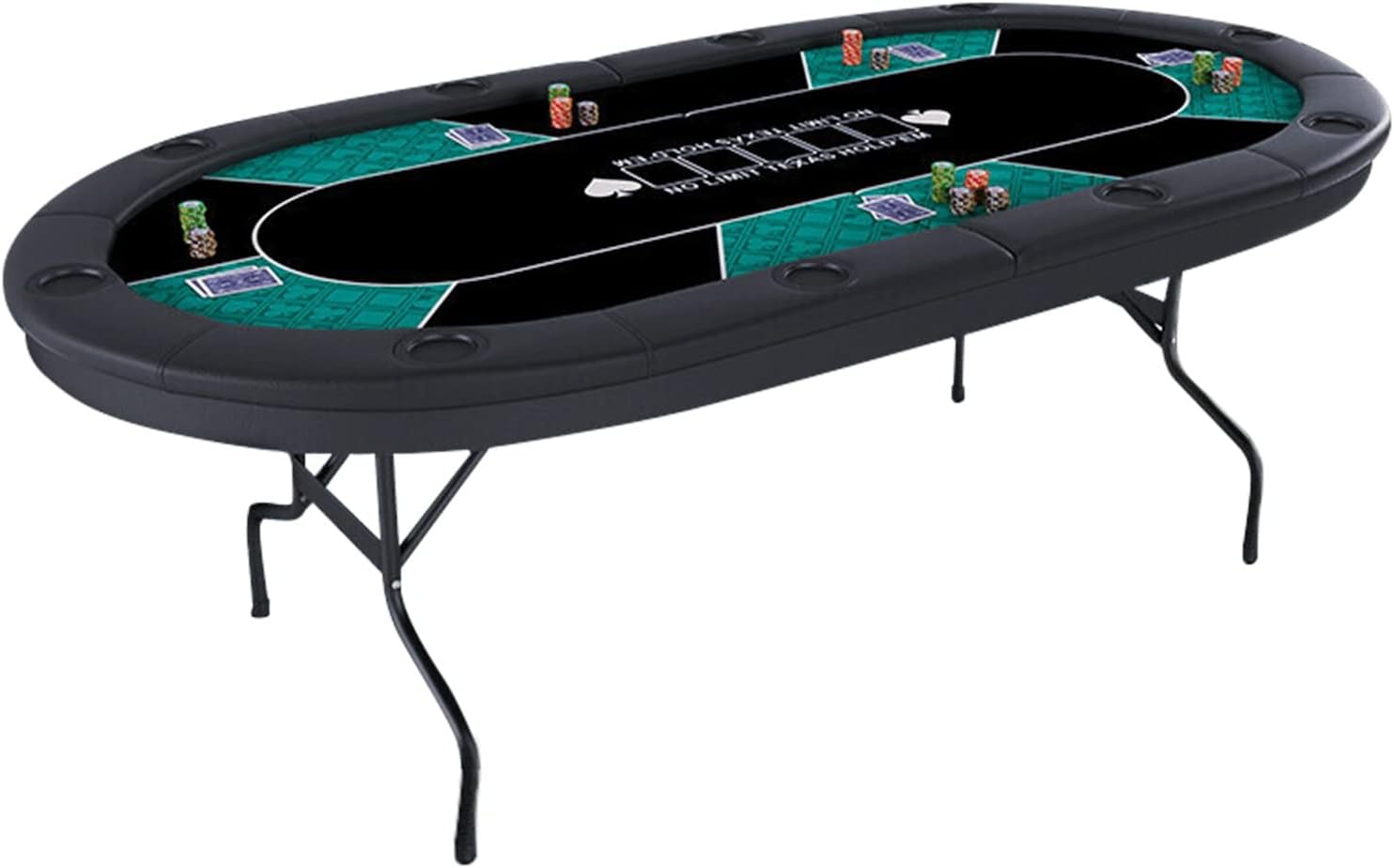 Foldable Poker Table 10 Playes, Oval Portable Texas Hold'em Poker Table with Faux Leather Padded Rails and Cup Holders, for Casino Leisure Game Blackjack Board Game