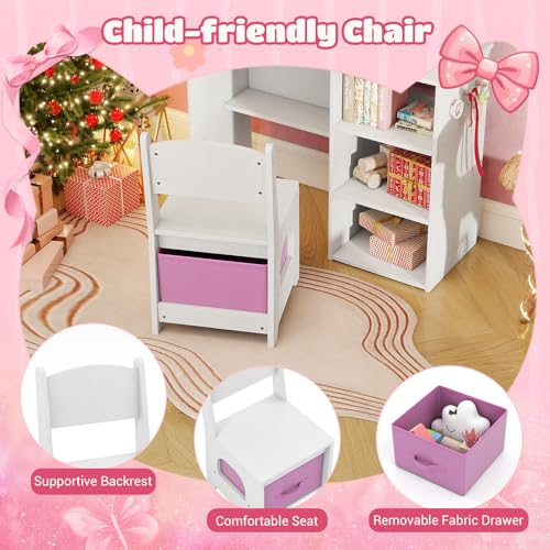 Image of Costzon Kids Vanity with Lights, Girls Vanity Set with Mirror, Storage Drawer, Hooks & Shelves, Toddler Makeup Vanity Desk Dressing Table, Wooden Kids Vanity Table and Chair Set (White)