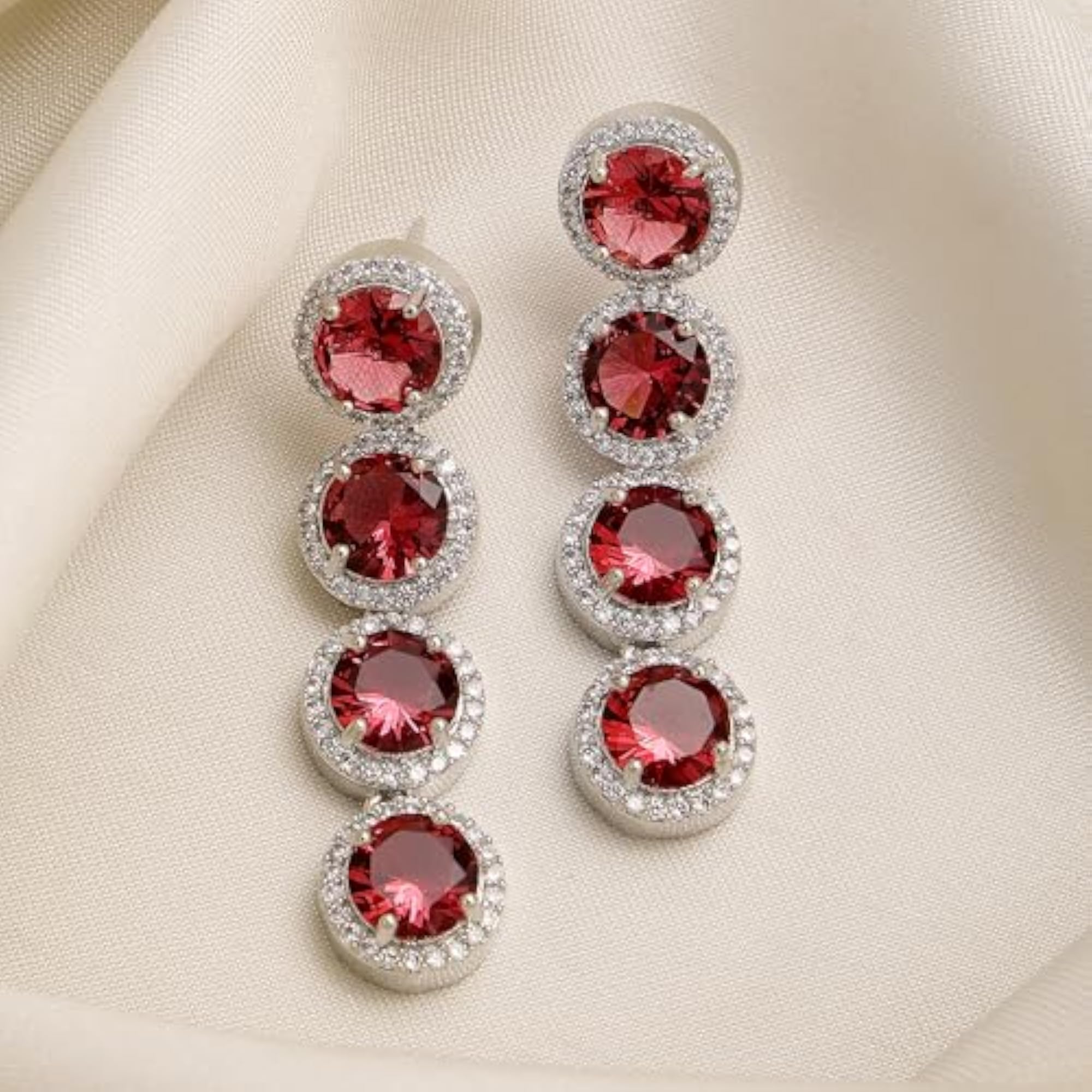 Women's Elegant Rhodium Plated American Diamond Studded Drop Earrings