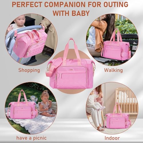 Image of 7pcs Diaper Bag Tote, Large Mommy Travel Diaper bags, Baby Diaper Tote Bag for Mom Hospital Baby, Pink