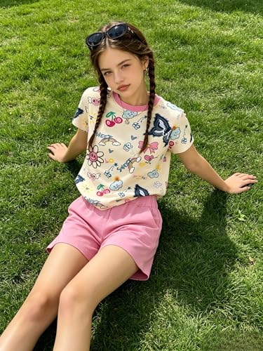 Image of Girls Clothes 2PCS Butterfly Print Short Sleeve T-Shirt + Shorts Set Teen Tween Girls Summer Outfits Set