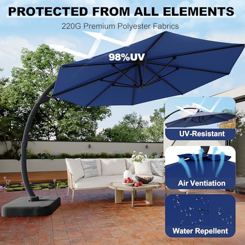 11FT Cantilever Patio Umbrella With Base Included, Cantilevers Outdoor Umbrella Heavy Duty Offset, Aluminium Curved Cantilever Umbrella