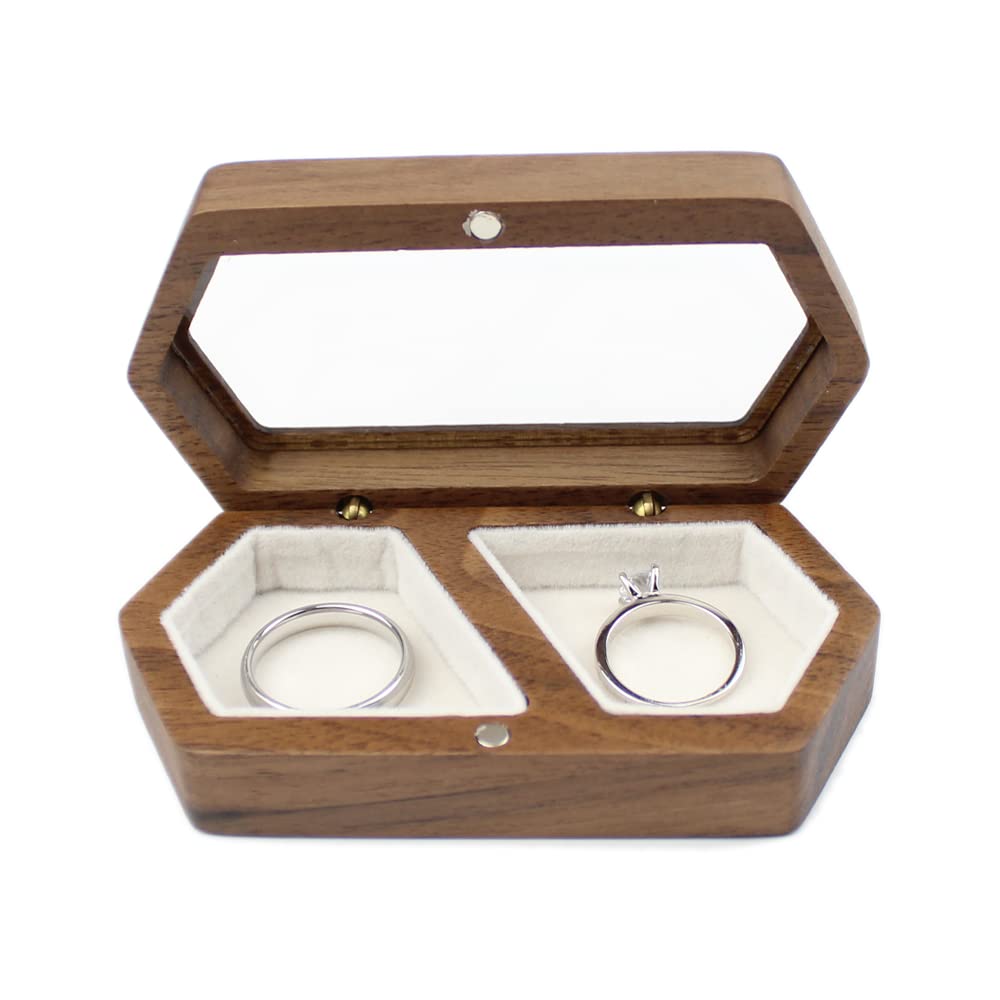 DSHOM Wooden Ring Box Transparent Lid Couple Rings Box for Engagement Wedding Box Two Slots White Velvet Small Jewelry Box for Stud Earrings Bracelet Necklace