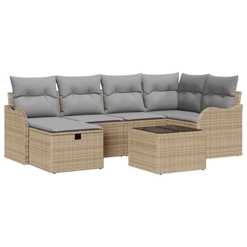 Modułowa sofa ogrodowa, 7-częściowy, z beżowego polirattanu z poduszkami i miejscem do przechowywania, łukowate podłokietniki, malowana proszkowo rama stalowa, wodoodporna torba