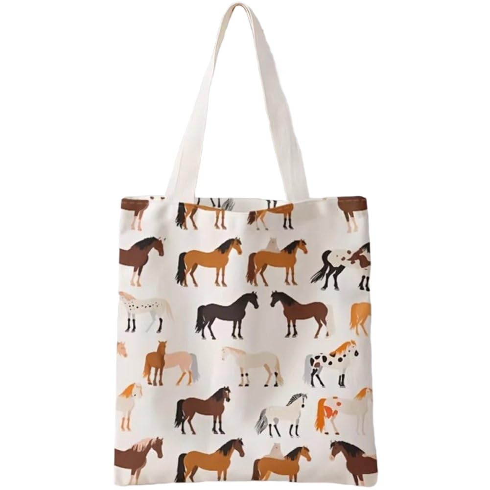 Sslvya Horse Canvas Tote Bag for Women, Horse Lover Gifts Aesthetic Reusable Grocery Shoulder Bag for Daily Shopping Travel Gym