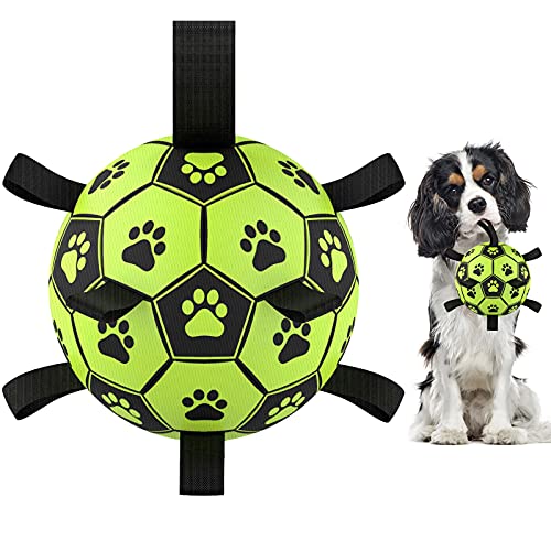 Dog Soccer Ball with Grab Tabs, Upgraded Interactive Dog Toys for Tug of War Dog Toy, Rubber Ball, Dog Water Toy, Herding Ball for Dogs, Funny Dog Toys for Small & Medium Dogs