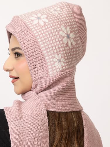 Image of AMOLDO Women's Winter Woolen Soft Warm Knitted Designer Muffler Beanie Cap with Fur | Fleece Printed Woolen Hat with Attached Scarf for Cold Weather