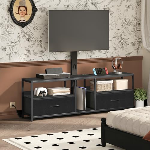 MAHANCRIS TV Stand with Mount for up to 75 Entertainment Center with Switch-Controlled Charging Station Swivel TV Stand Mount with Fabric Drawers for Living Room Black TVBK154E01N2