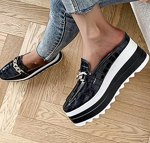Hbeylia Platform Mule Slippers Shoes For Women Ladies Fashion Snake Leather Metal Chain Square Toe Chunky Bottom High Heels Slip On Loafers Sandals Casual Flats Dress Walking Slides Shoes For Fall #TOP4