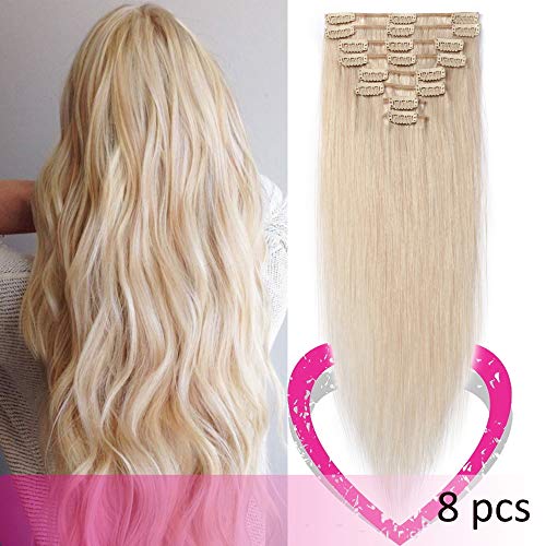 Remy Clip in Hair Extensions 100% Human Hair 18 Inch 70g Standard Weft 8 Pcs 18 Clips Thick Soft Silky Straight Hair for Women Gift Beauty #70 White Blonde