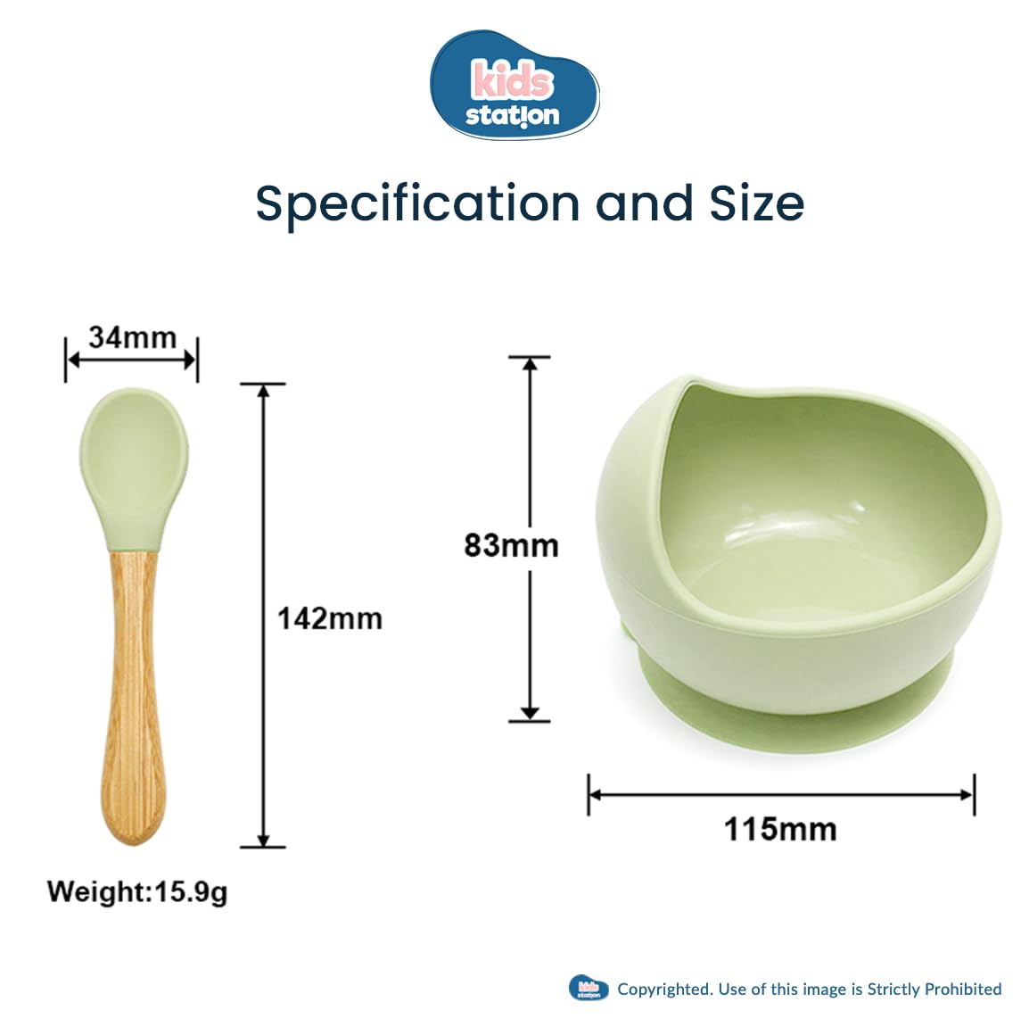 Kids Station 2 Piece BPA-Free Silicone Baby Feeding Set - Bowl    - Spoon - Make Mealtime Fun and Easy for Your Little One - Tableware Meal Utensils for Kids with Suction - Microwave Friendly (Green) - Image 2 thumbnail