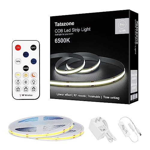 Tatazone 32.8ft 6500K White COB Led Strip Light with RF Remote, Dimmable Bright Daylight White COB Light Strip, Flexible COB Led Lights for Ceiling, Kitchen, Bedroom, Cabinet, Closet Tatazone 32.8ft 6500K White COB Led Strip Light with RF Remote, Dimmable Bright Daylight White COB Light Strip, Flexible COB Led Lights for Ceiling, Kitchen, Bedroom, Cabinet, Closet