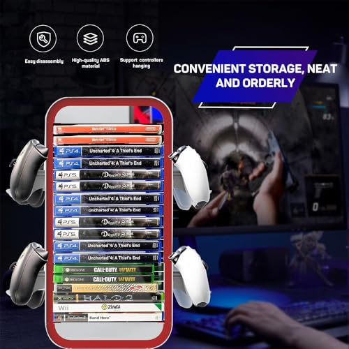 Image of Game Storage Tower Compatible with PS5 / Xbox Series S & X /Switch, Universal Game Ray Disks Organizer, Stores 18 Game, with 4 Controller Holders, Video Game Organizer, Red