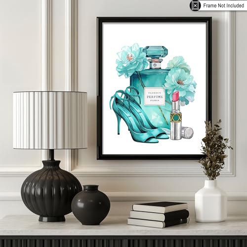 Image of Poster Master Turquoise Blue Designer Print - Fashion Poster - Shoes, Lipstick & Perfume Art - Chic Gift for Women & Fashionista - Glam Decor for Bedroom or Girl's Room - 18x24 Unframed Wall Art