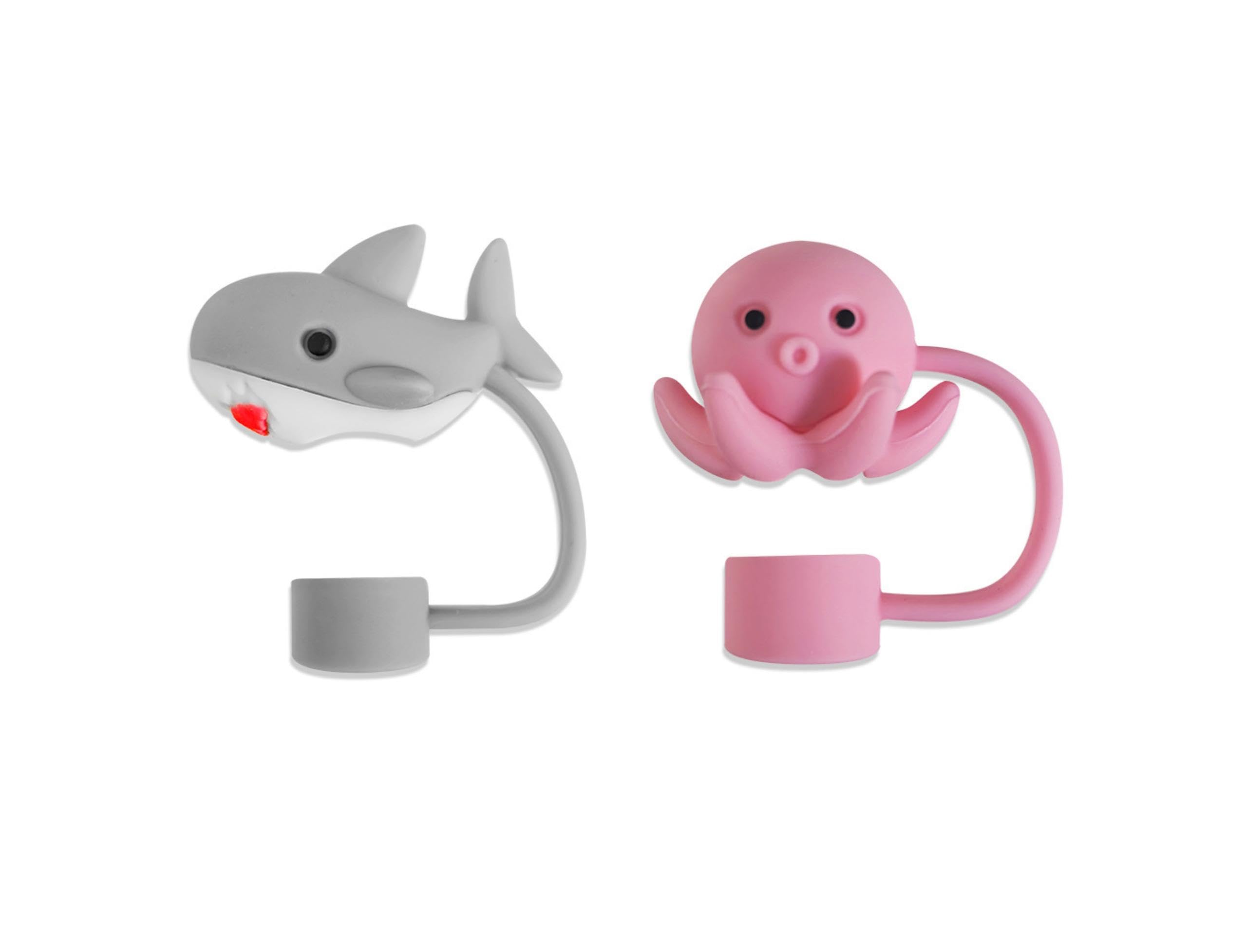 2 tapas de popote, lindas tapas de silicona para popote, dispensadores de pajitas para taza Stanley, popote reutilizable a prueba de polvo (pulpo rosa y tiburón gris) (ZS040)