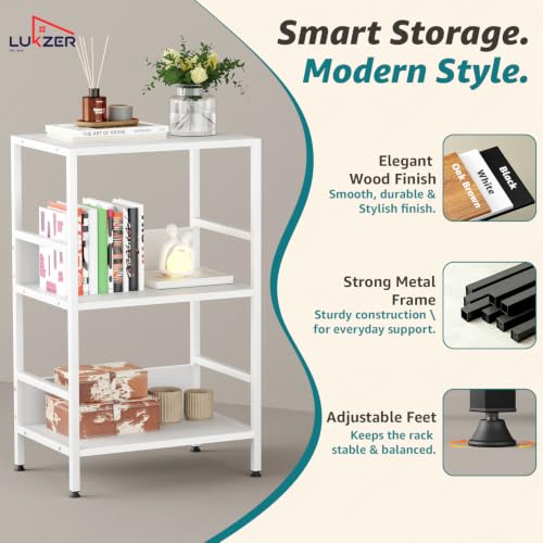 Image of Lukzer 3-Tier Wooden Bedside Table for Bedroom & Multipurpose Open Storage Shelf (MMR-006-White & White) Metal Side Tables for Living Room & Space-Saving Kitchen Organizer Rack (70 x 43 x 30 cm)