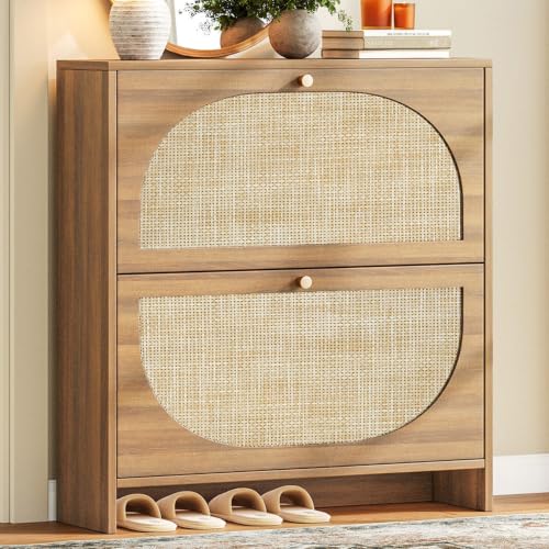Rattan Shoe Cabinet with 2 Flip Drawers, Arched Accent Shoe Storage for Entryway, 9.4" Slim Shoe Rack with Anti-Tip Wall Mount & Adjustable Shelves, Farmhouse Boho Organizer for Boots, Sneakers, Heels
