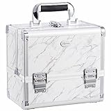 Joligrace Makeup Train Case Cosmetic Box 10 Inches Jewelry Organizer Professional 3 Tiers Trays with Mirror and Brush Holder Lockable Key Portable Travel Marble White