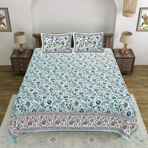 Image of Living Roots Jaipuri Hand Block Print Double Cotton Bedsheet & 2 Pillow Covers, for Mattress Upto 8 inches Thick, No Colour Bleeding, Blue Colour, Super King Size 96 * 104 inches, 150TC (574-B)
