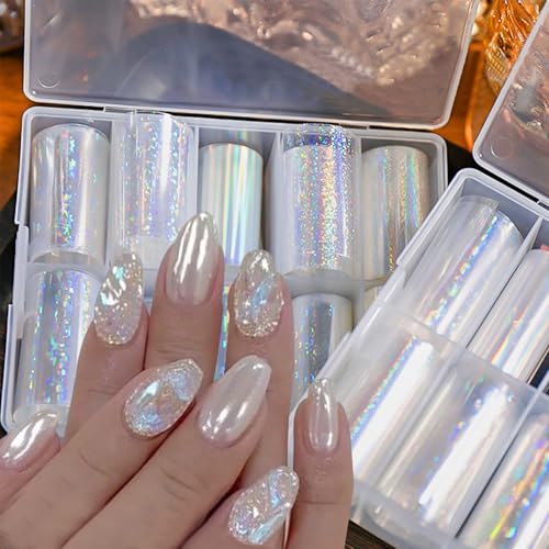 10 Rolls Aurora Nail Foil for Nail Art 3D Clear Nail Foils Laser Glass Fragment Nails Transfer Foil Starry Sky Holographic Nails Art Foils Design Sticker for Women DIY Manicure Decoration Accessories